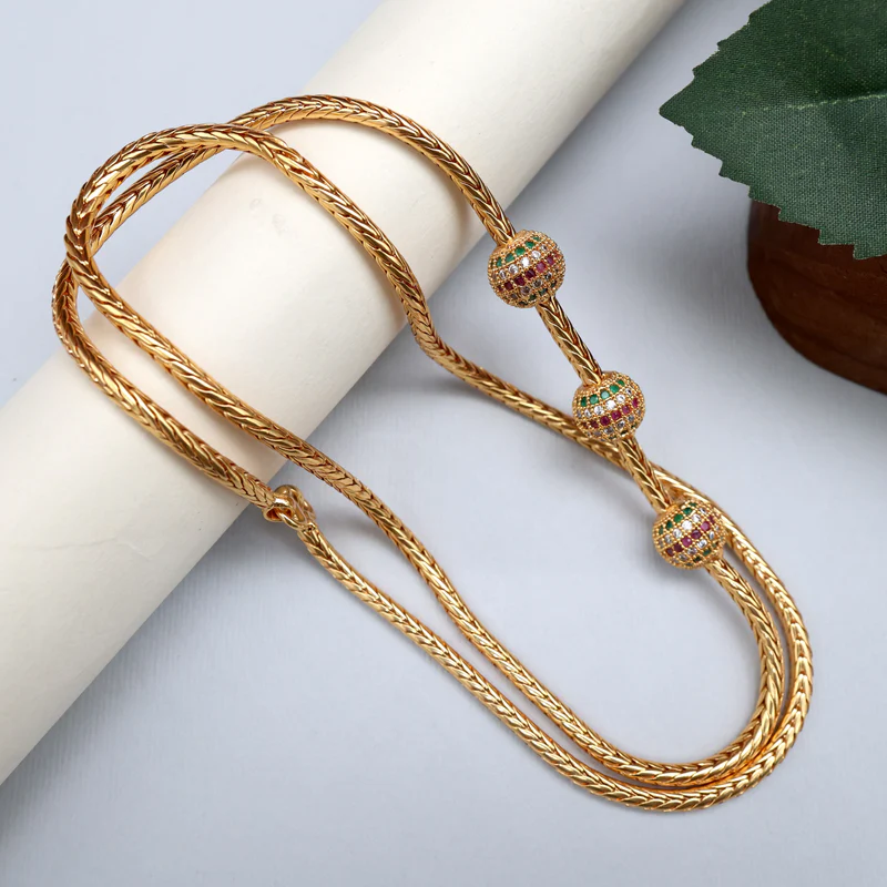 Real Gold Tone Diamond Look 3 Balls Mugappu Chain - Multicolour